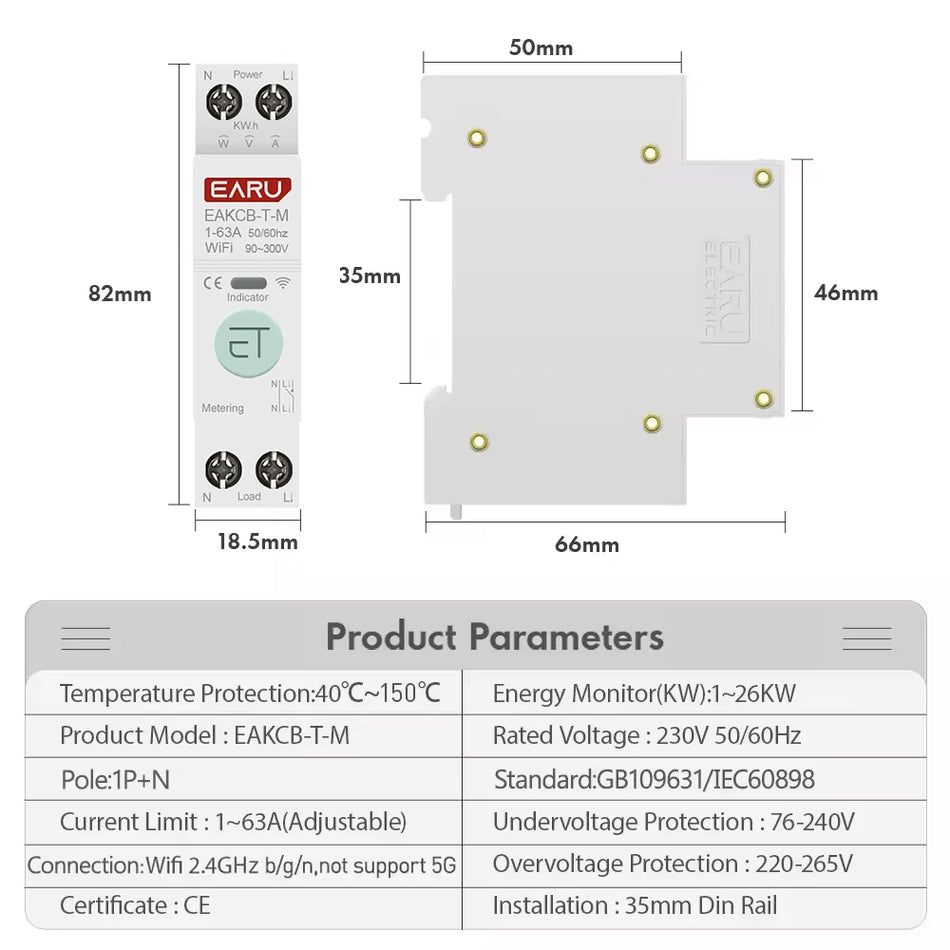 Tuya WiFi Smart Circuit Breaker 1P+N 63A مع مؤقت وجهاز تحكم عن بعد