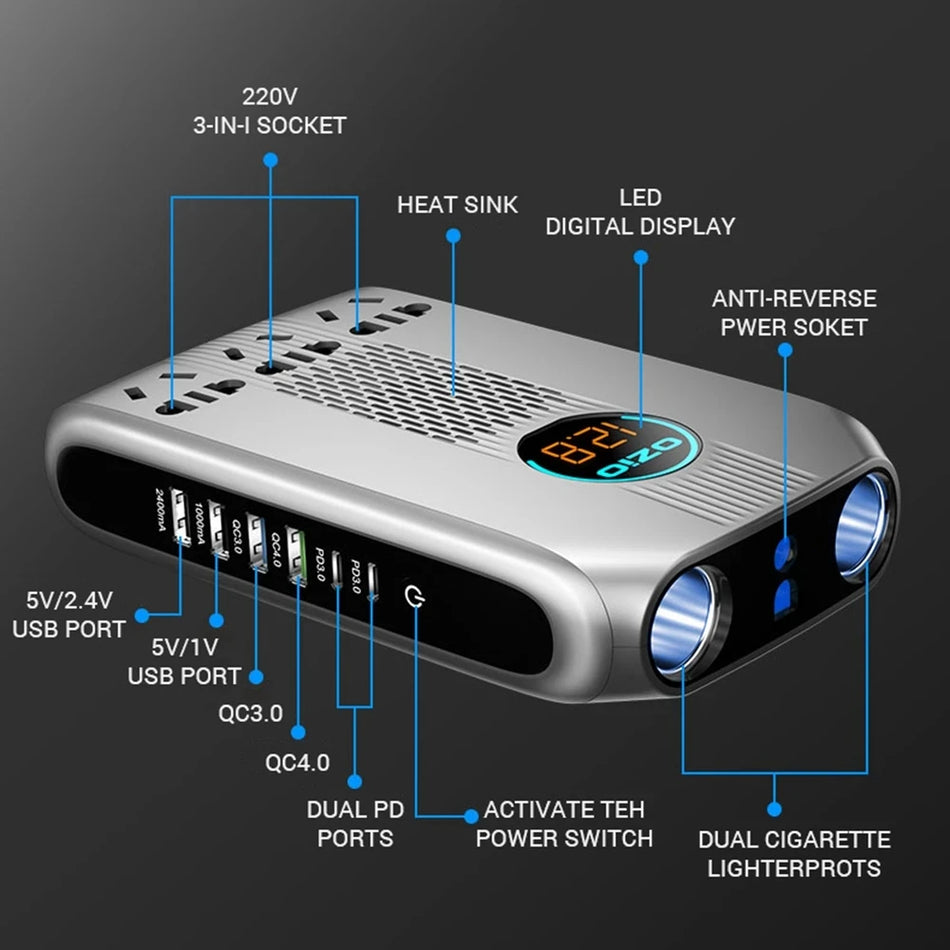 6 Φορτιστής αυτοκινήτου USB QC3.0 PD Γρήγορη φόρτιση 200W 12V 24V έως 220V Εισυπρόμενος οθόνης LED με 3 Υπεράκτιες αναστροφές τσιγάρων Socket 2