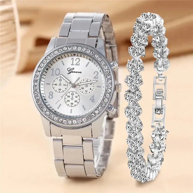 Luxus -Frauen -Diamant -Quarzuhr und Armband Set