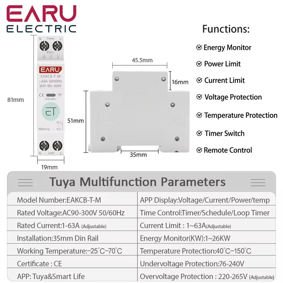 Ohrueletric 63A WiFi Smart Circuit Breaker mit Energiemesser und Fernbedienung