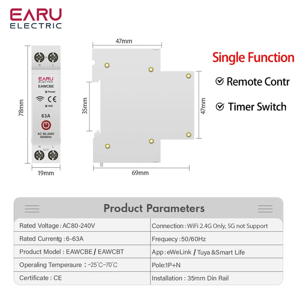 Tuya Ewelink WiFi Smart Circuit Breaker MCB 1p 63A mit Sprachregelung und Energieüberwachung