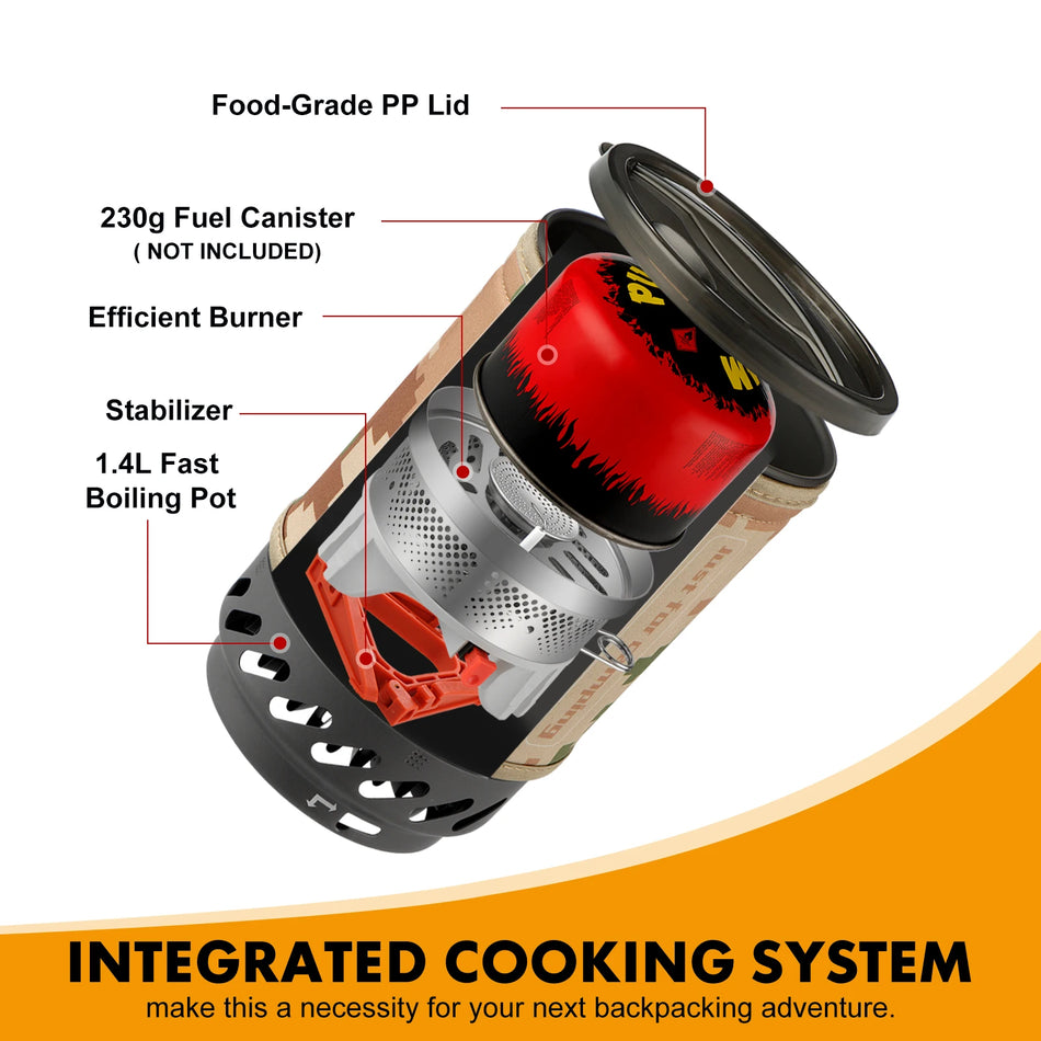 Compact 1.4L Portable Camping Stove with Heat Exchanger and Ignition Device