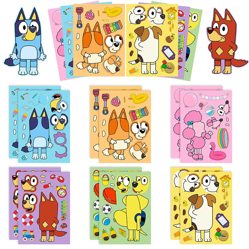 🔵 6/12pcs mavi çıkartmalar bingo karikatür bulmaca çıkartmaları sevimli anime kawaii çocukları diy renk el kitabı çıkartma hayvan oyuncakları kız hediye