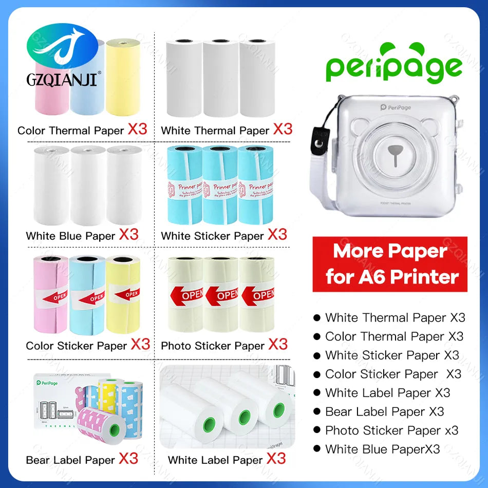 Peripage A6 A8 A2 Paper 58mm Label Sticker Notes Color Photo Printer Adhesive Papers White Receipt Bill Roll Case BPA Free P1 P2