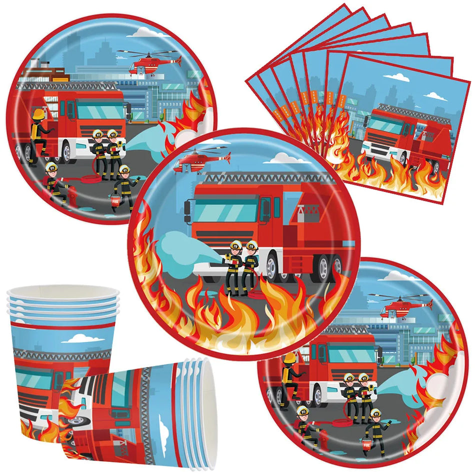 🔵 Поставки пожарной партии пожарной машины - тарелки, салфетки, чашки, скатерть - мальчик -пожарный. Тема Дня рождения украшения - Кипр