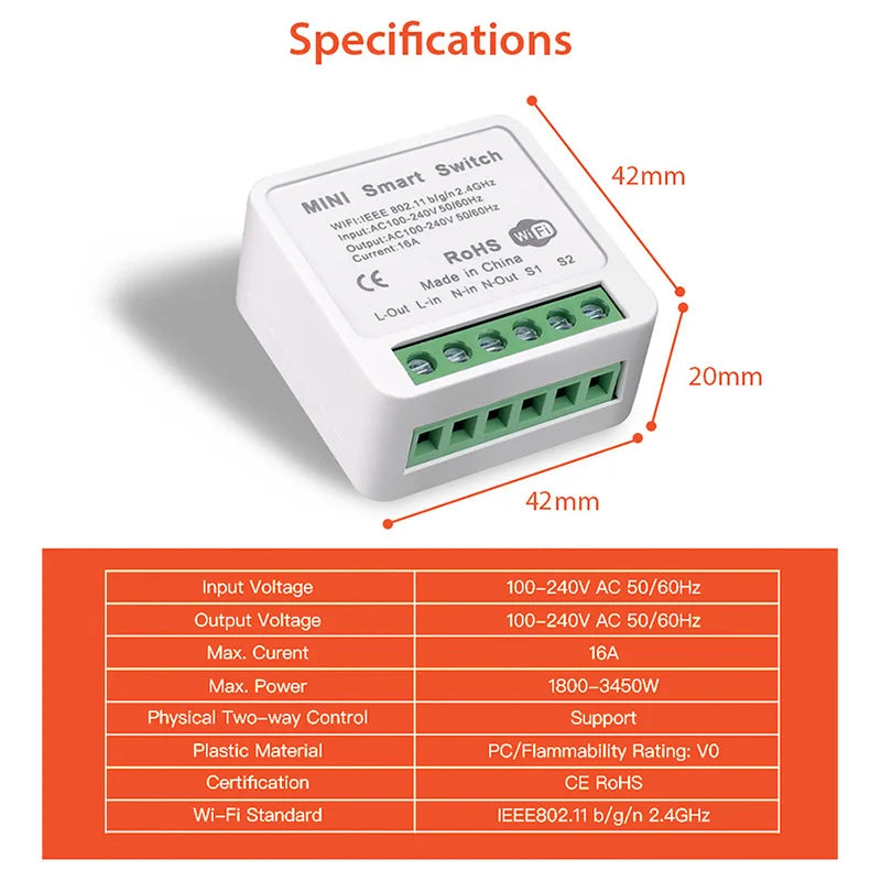 Tuya mini Wi-Fi Smart Switch Module 16A 2-way Control Smart Home Diy Swirtes Smart Life Wi-Fi Switch с Alexa Google Home