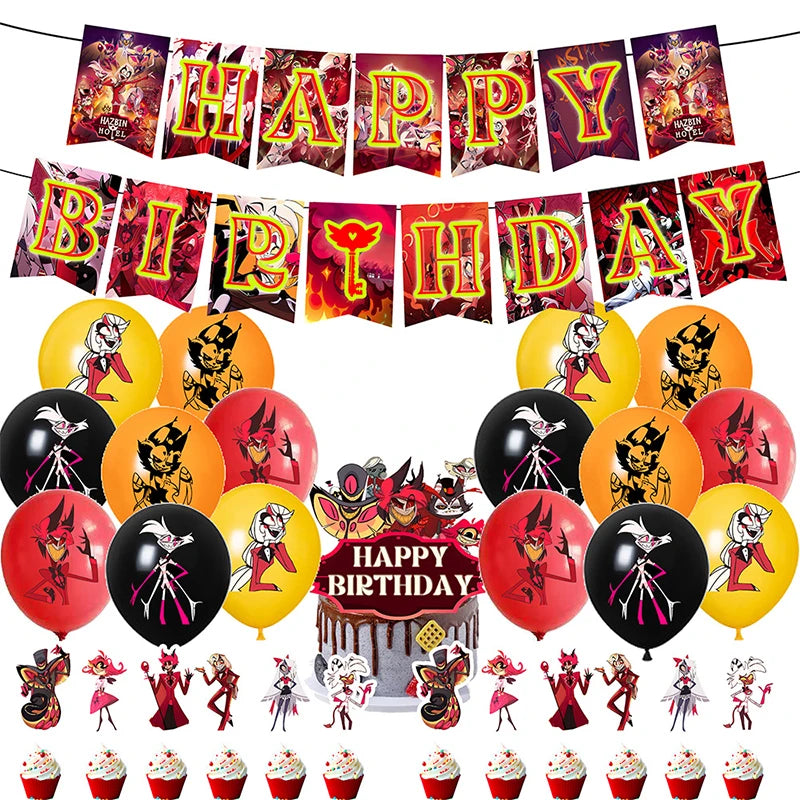 Hazbined Birthday Party Decoration Set with Balloons, Banner, and Cake Topper - Cyprus