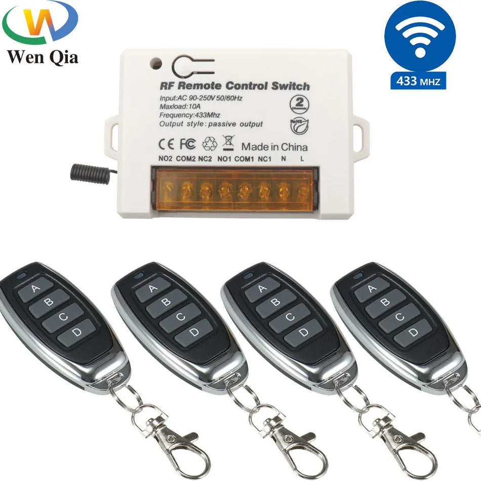 WenQia 110V 220V 240V RF Garage Door Remote Controller 433MHz Wireless Switch 10A 2CH Relay Receiver Module for Light/Gate/DIY