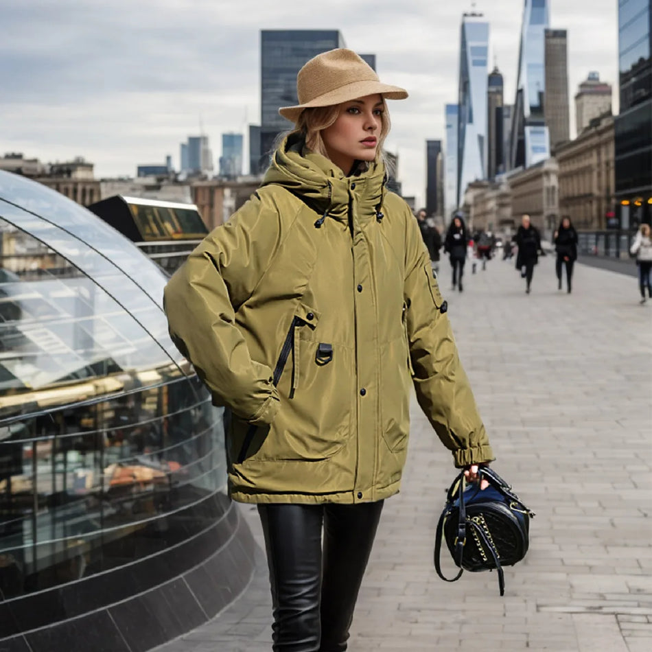 2024 Veste d'hiver pour femme en plein air Veste à capuche en coton de couleur pure pour femme Parkas épaisses et chaudes Manteaux Vêtements pour femmes 