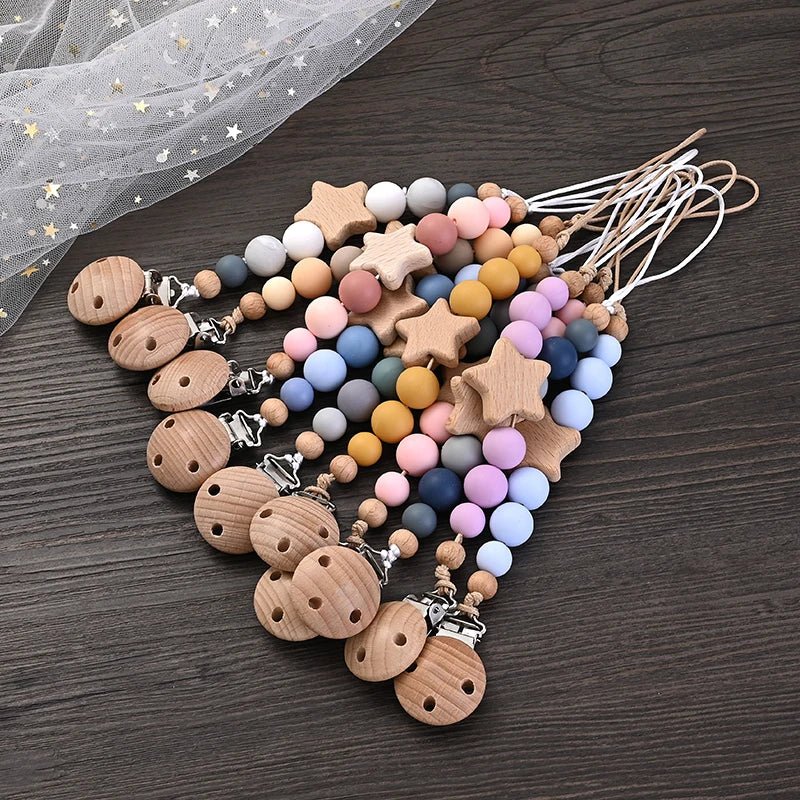 Wooden Pentagram Teether Pacifier Chain with Silicone Beads - Cyprus