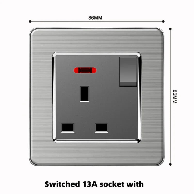 Grey Stainless Steel Metal Uk 13A Wall 220V Light Switch with Electrical Socket, Smart Type-c Fast Charging Wall USB C Socket