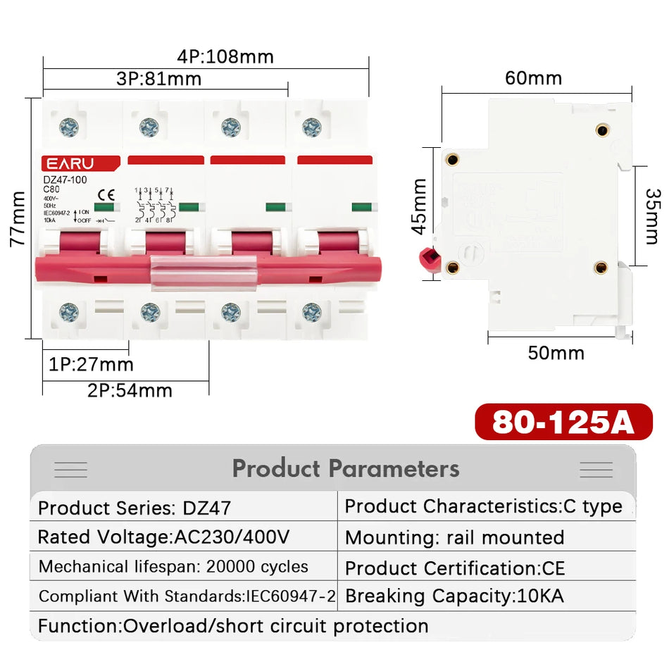 Ohrueletrische DZ47 400V Mini-Leistungsschalter-1-4p, 3-125A, C-Typ, 6Ka-Kapazität