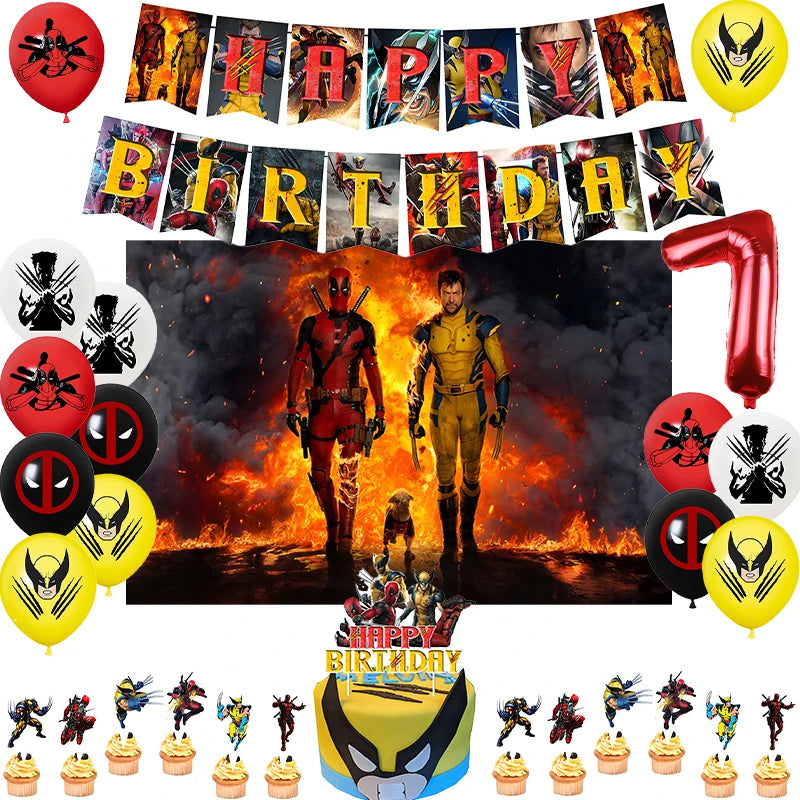 Deadpool et Wolverine Birthday Party Decoration Set avec des ballons, des bannières et des toppers à gâteau