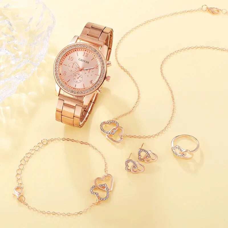 6PCS Rose Gold Luxury Rhinestone Jewelry Set with Watch, Ring, Necklace, and Earrings