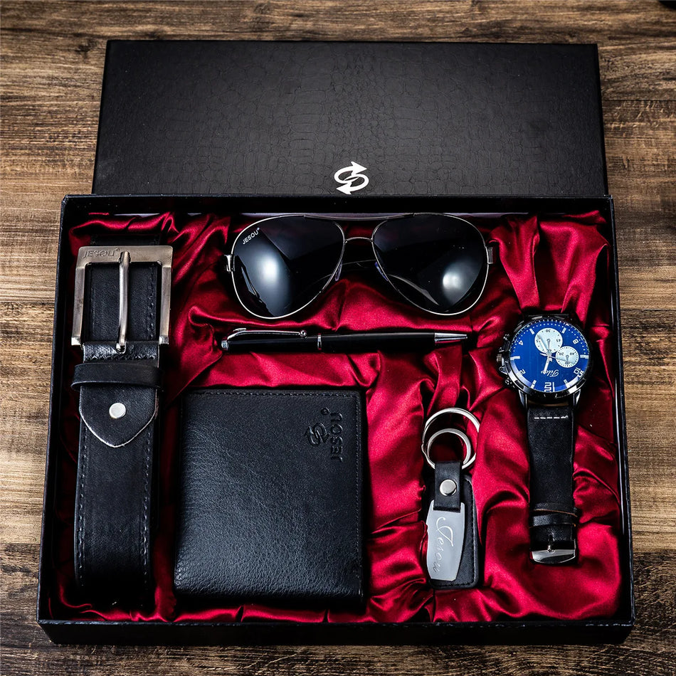 Luxury 6-in-1 Men's Gift Set: Watch, Glasses, Pen, Keychain, Belt, and Purse