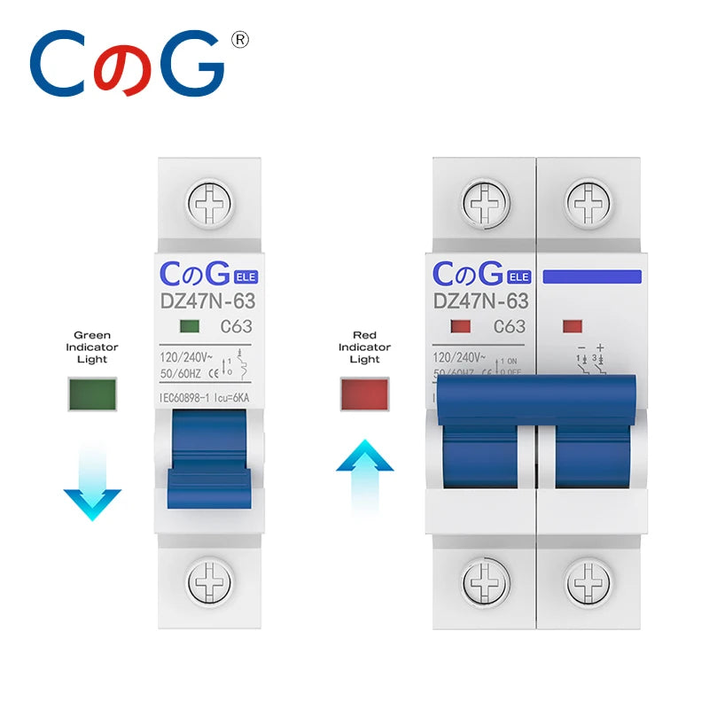 CG DZ47N Miniatur -Leistungsschalter - 1p/2p, 6a bis 63a, DIN -Schienenhalterung, 120/240 V