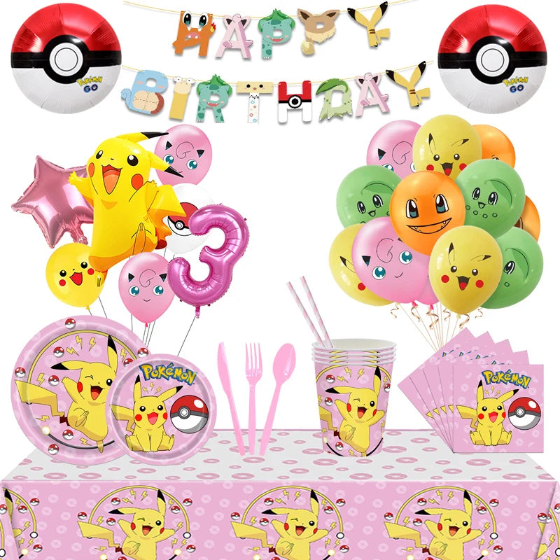 🔵 "Pink Pokemon Birthday Party Decorations Pikachu Foil Balloons Tableware Set - Cyprus"