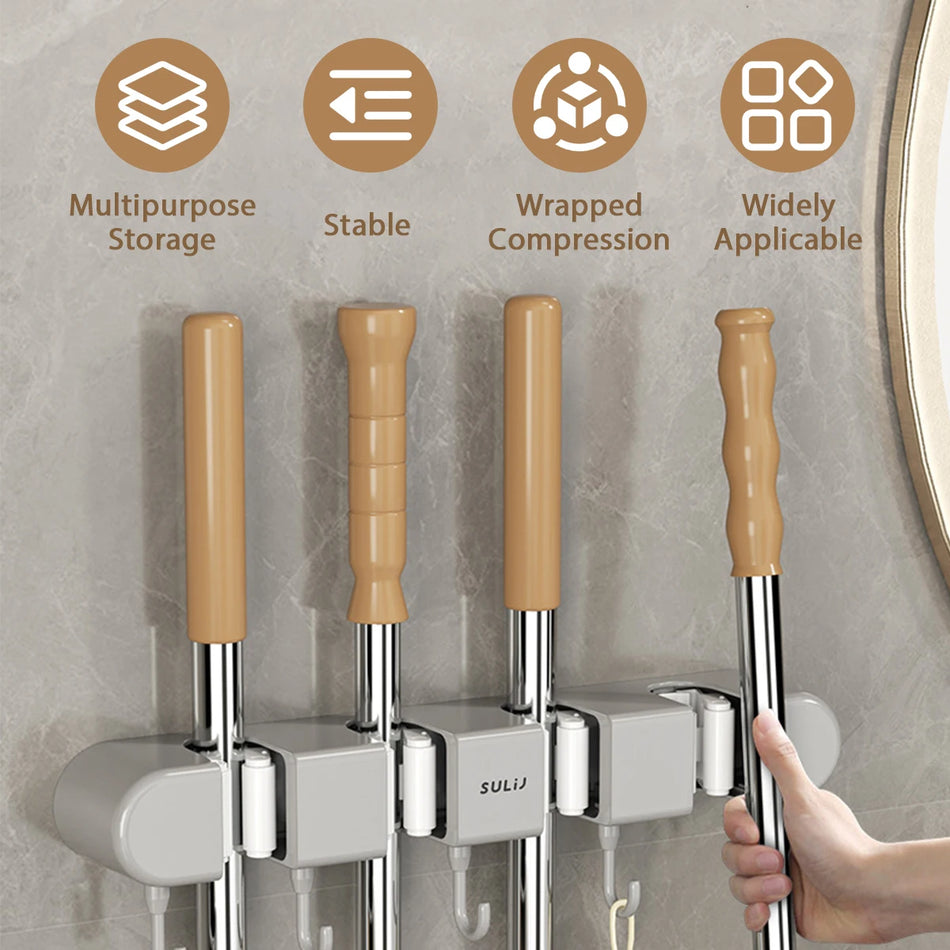 🔵 Broom Mop Holder with Hooks Wall Mounted Broom Storage Rack No Drilling Self-Adhesive Kitchens Organizer Multifunction Holder