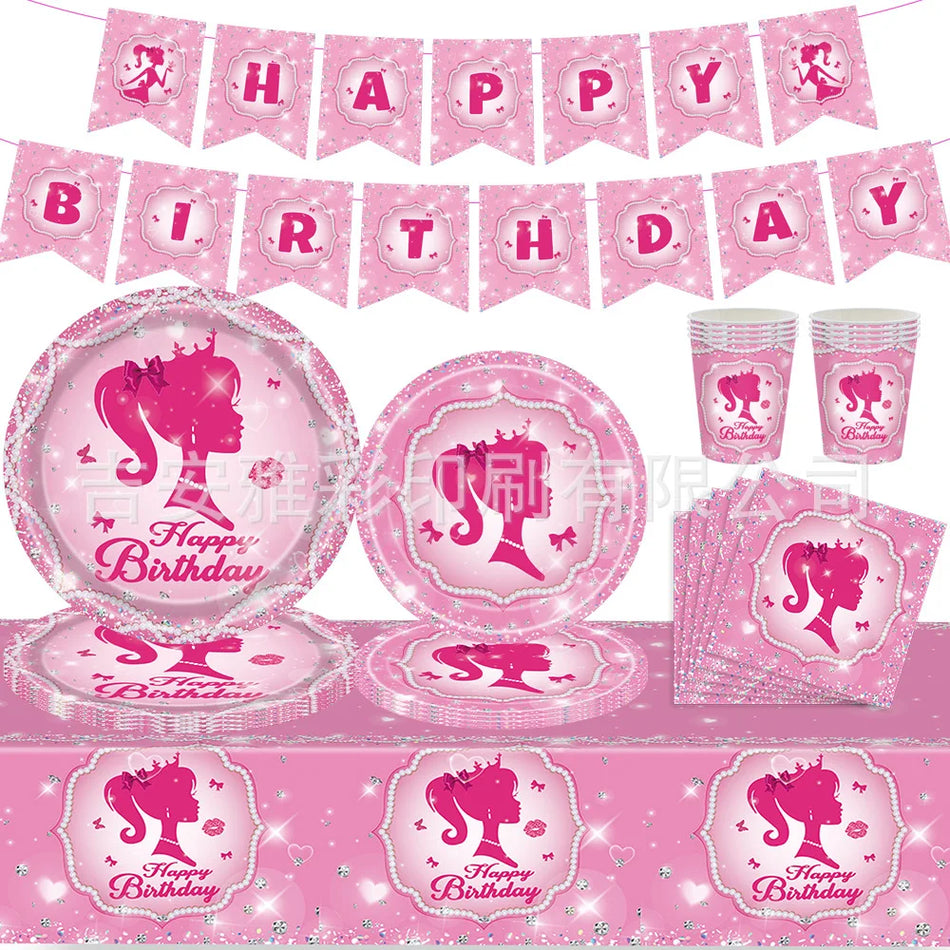🔵 Розовая вечеринка Барби одноразовая посуда с днем ​​рождения украшения детская девочка детская душевая бумага для бумаги чашки на день рождения - Кипр
