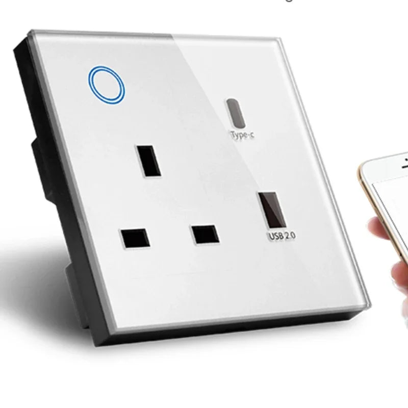 Smart WiFi Dual UK Socket Intelligent USB Type-C Θύρες, διακόπτης ελέγχου αφής, φωνητικοί έλεγχοι συμβατοί με την Alexa Google Home