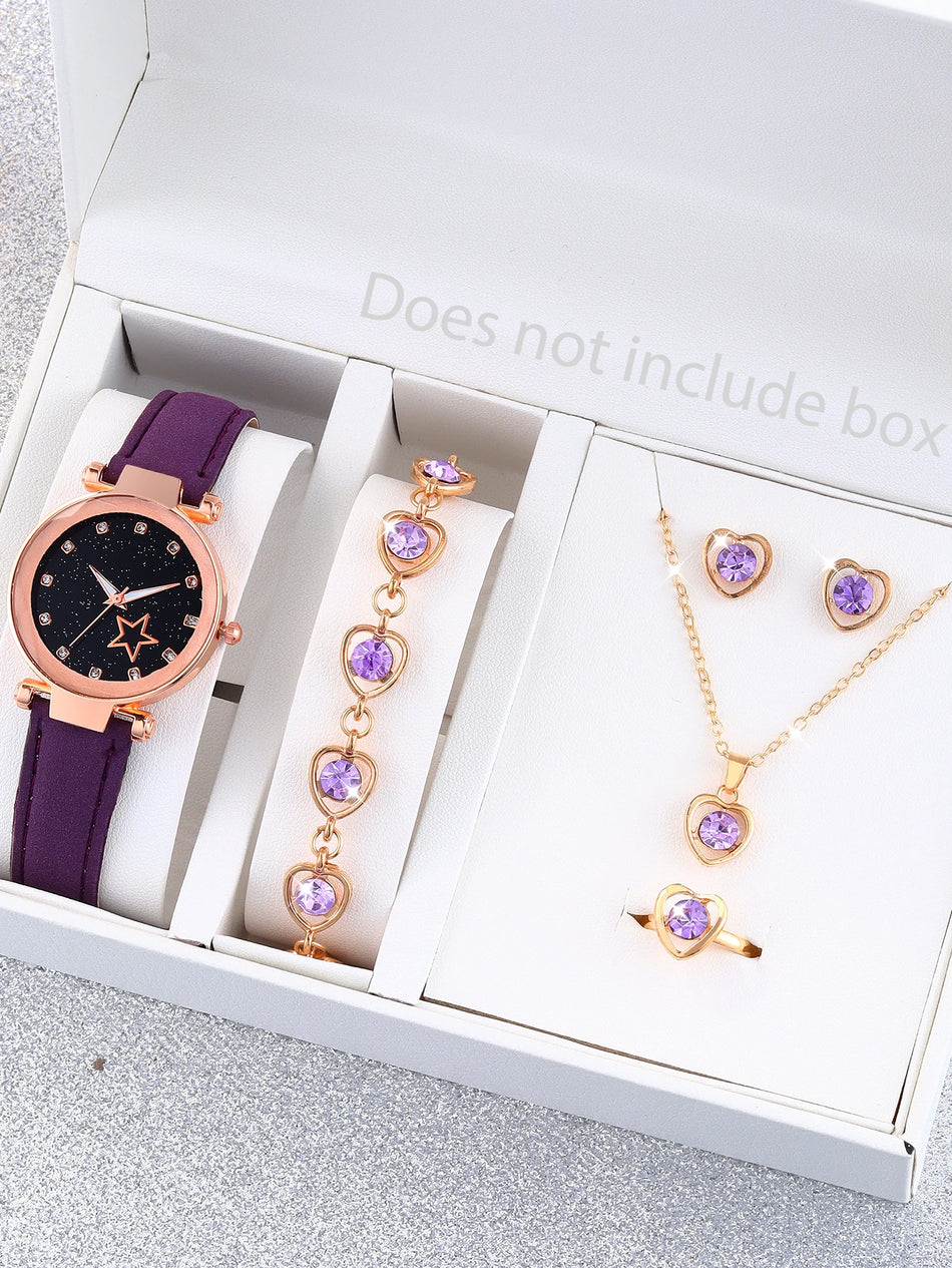 Purple Five-Pointed Star Quartz Watch & Hollow Necklace Set