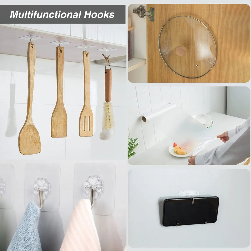 🔵 100PCS Transparent Stainless Steel Self-Adhesive Hooks Bathroom Towel Clothes Storage Sticker Hooks Key Hangers Storage