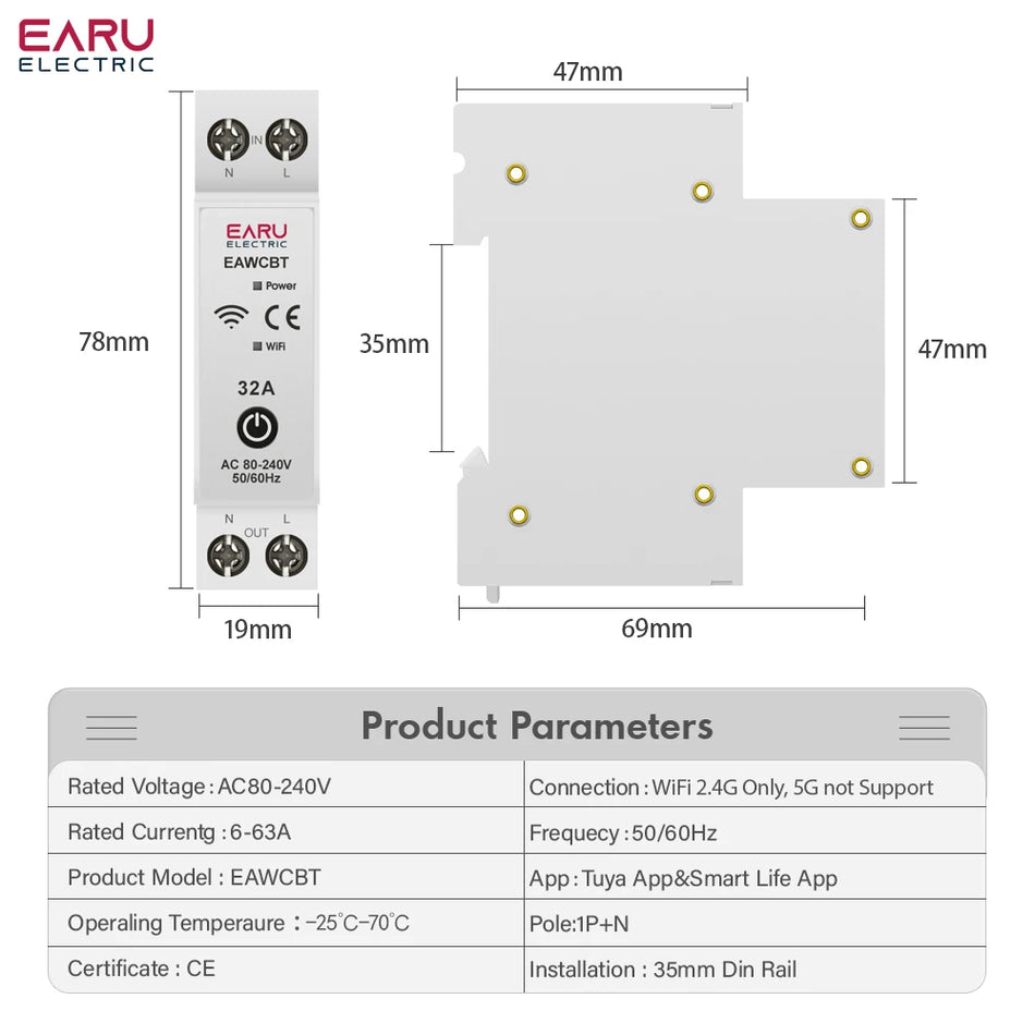 Tuya Ewelink WiFi Smart Circuit Breaker 1p+N 63a mit Sprachregelung