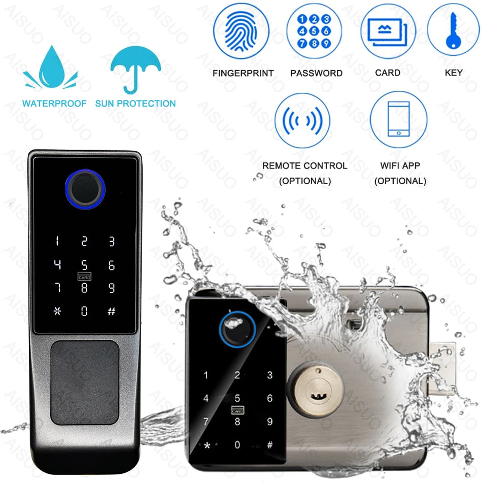 Tuya WiFi Outdoor Waterd Smart Lock Fingerabdruck Biometrisches digitales Schloss mit Fernbedienung Elektronisches Schloss Smart Door Schloss