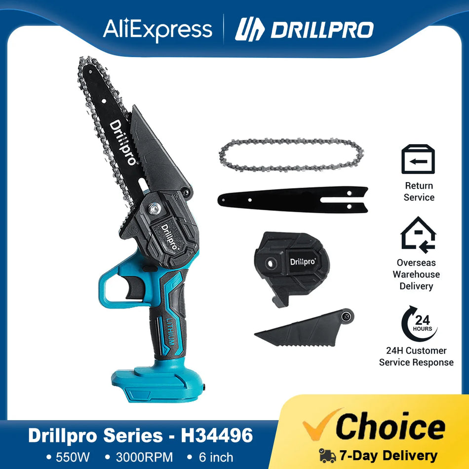 Drillpro 21V Cordless Electric Chainsaw with Brushless Motor & 6-Inch Guide Plate
