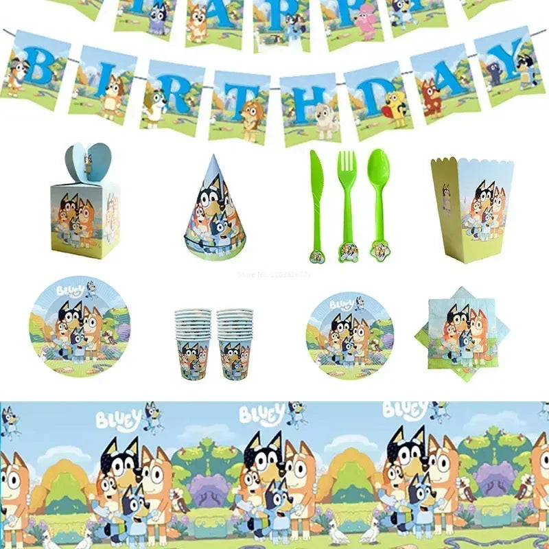 🔵 Bluey Birthday Party Supplies Disposable Tableware Paper Plates Paper Cups Tissues Boys Birthday Party Decoration Children Like