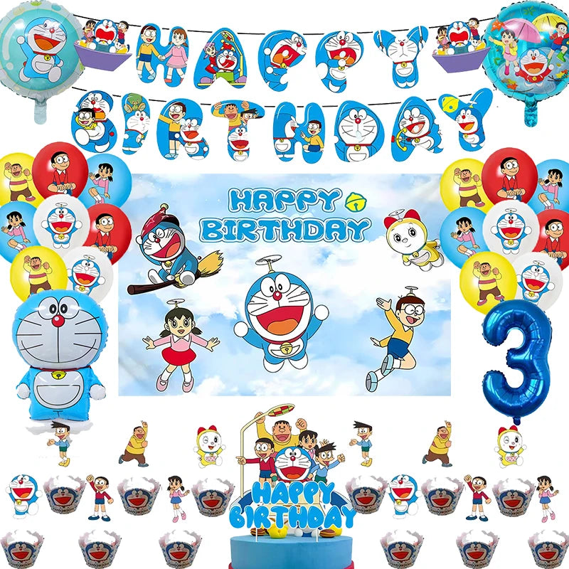 Banner, Pasta Topper & Balons ile Doraemon Doğum Günü Partisi Dekorasyon Seti - Kıbrıs