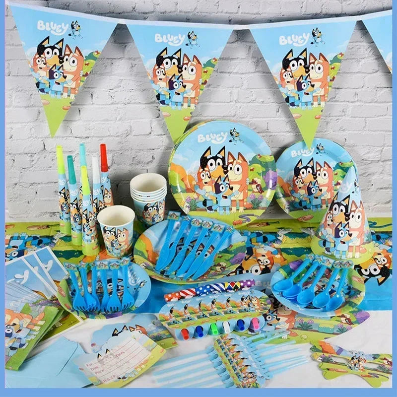 🔵 Blueys Köpek Doğum Günü Partisi için Çizgi Film Mavi Tedarik Tek Kullanımlık Banner Kek Topper Asma Bayrak Balonları Set Doğum Günü Dekorasyonları