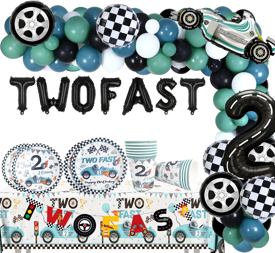 Race Car 2nd Birthday Party Decorations Tableware 40" Number Balloon Checkered Foil Balloons - Cyprus