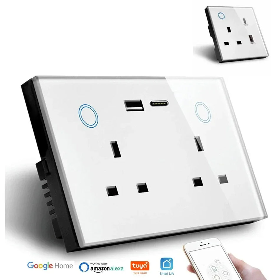 Smart WiFi Dual UK Socket Intelligent USB Type-C Θύρες, διακόπτης ελέγχου αφής, φωνητικοί έλεγχοι συμβατοί με την Alexa Google Home