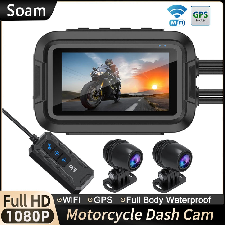 كاميرا Soam Dual 1080P المقاومة للماء للدراجات النارية مع WiFi وGPS