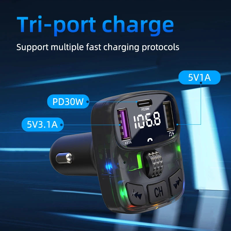 Car Bluetooth 5.3 FM Transmitter PD 30W Type-C Dual USB 4.2A Fast Charger Ambient Light Handsfree Radio Modulator MP3 Player