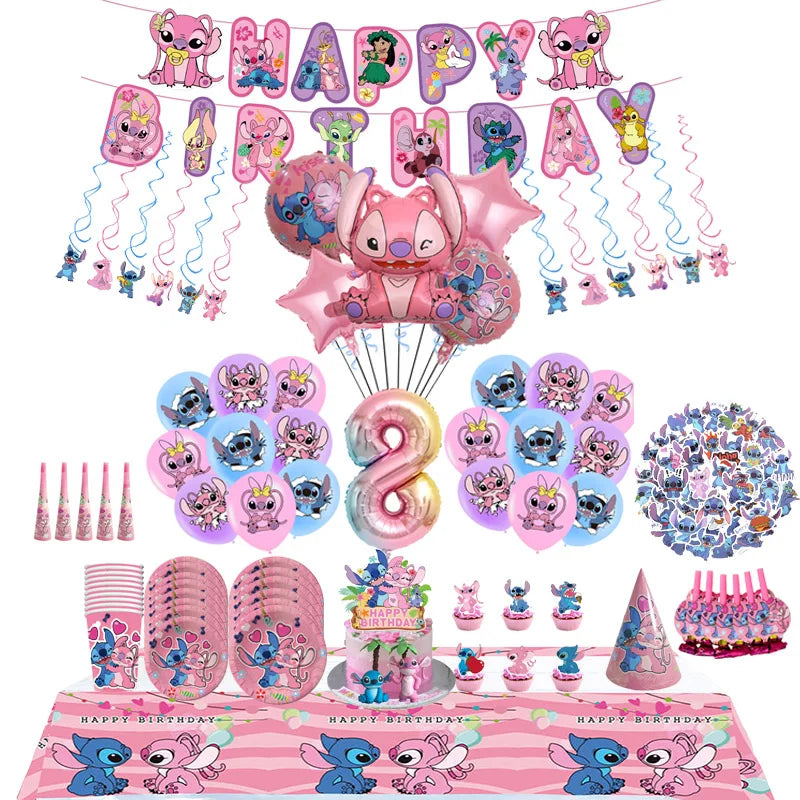 Pink Lilo&Stitch Birthday Party Pack Disposable Tableware Angel Balloons - Cyprus