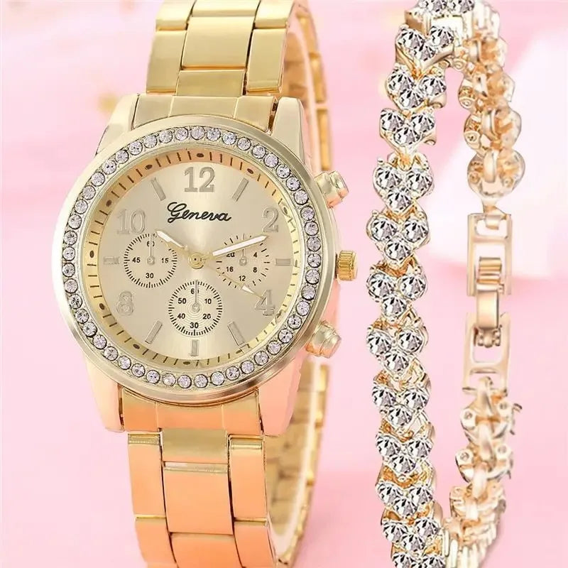 Luxury Women's Diamond Quartz Watch and Bracelet Set