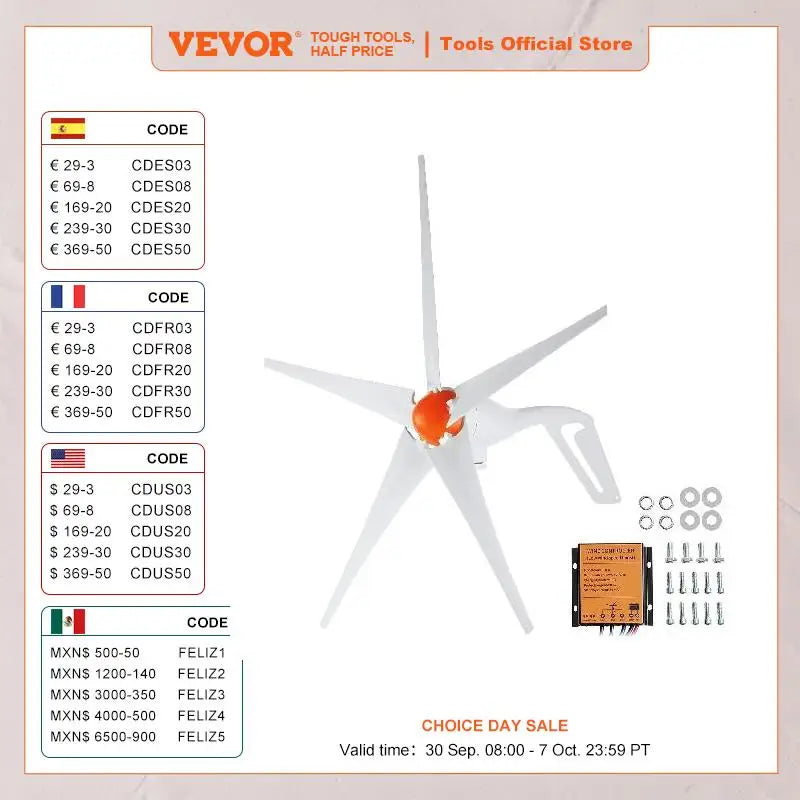 VEVOR 12V 500W/800W مجموعة مولد تربيني الرياح مع وحدة تحكم MPPT