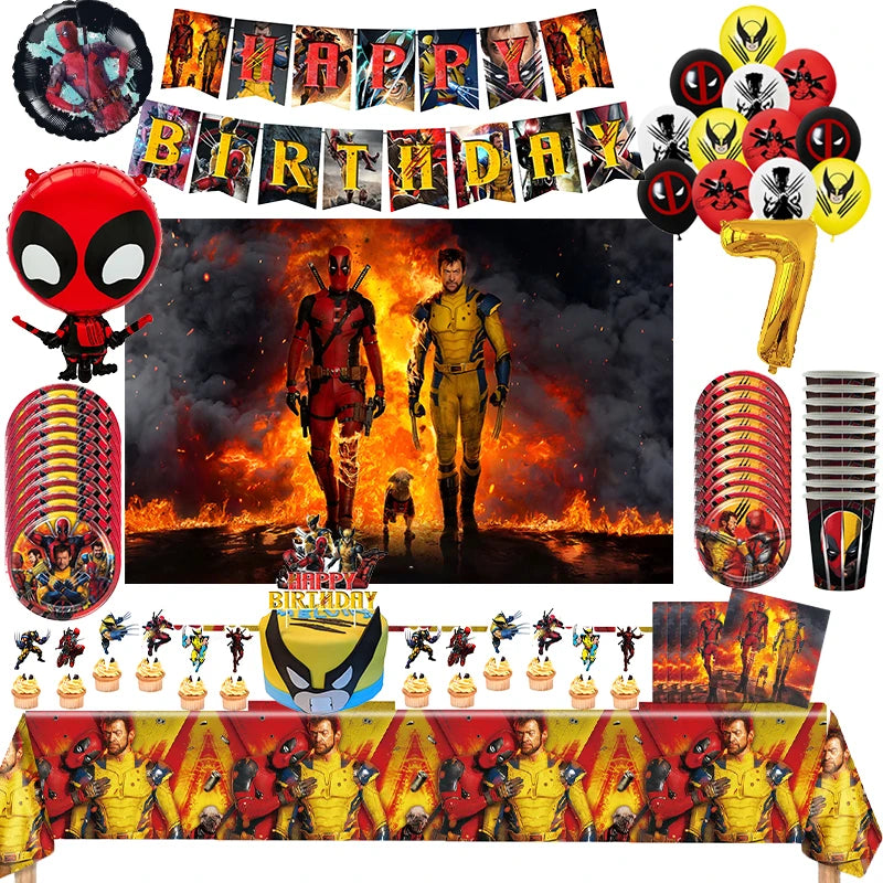 Deadpool и Wolverine Decoration Decoration Decoration с балони, прибори за хранене и топери за торти