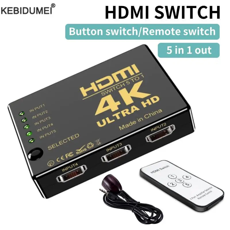 Kebidumei 4K HDMI Switcher 5 in 1 Out with IR Remote Control - Cyprus