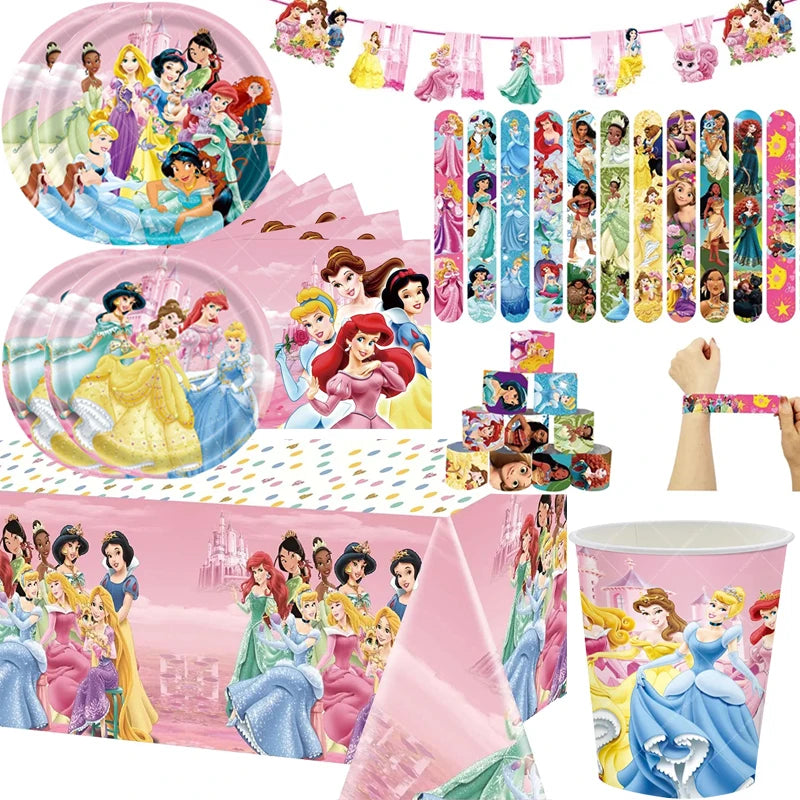 🔵 Disney Princess Disposable Tableware Set - Pink Princess Cup Plate Tablecloth - 12Pcs - Cyprus