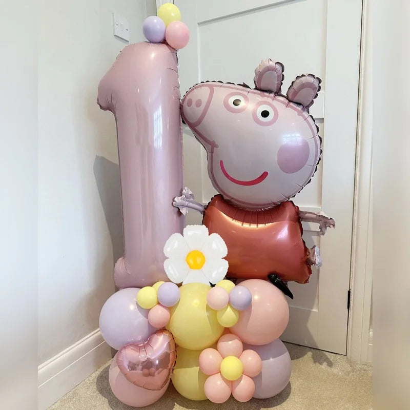 🔵 39pcs Peppa Pig Balloon 40inch Pink Number Daisy Heart Aluminum Balloon Macaron Latex Globos for Girl Birthday Party Decoration - Cyprus