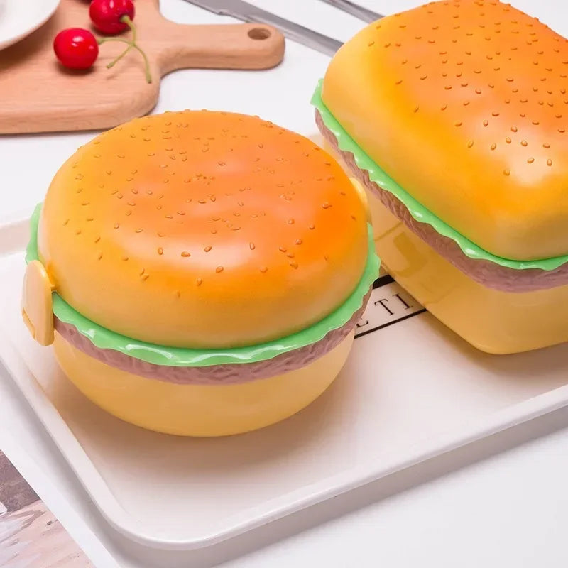 Hamburger Lunchbox Doppelstufe niedlicher Burger Bento Box Mikrowellen Kinderschule Lebensmittelbehälter Gabelgeschirrset Set