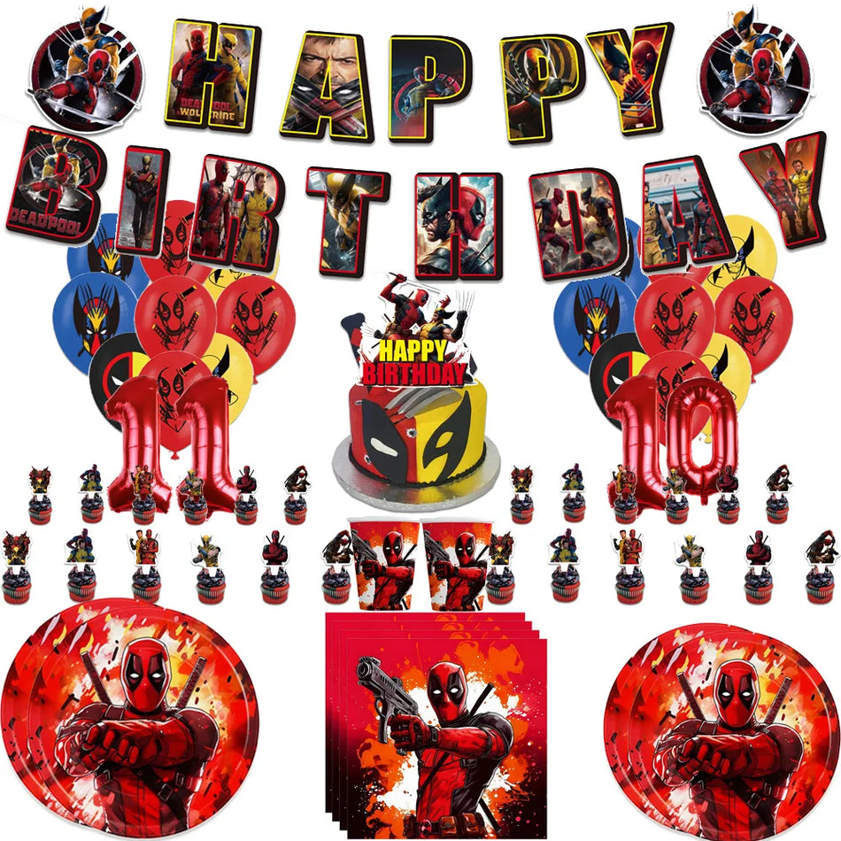 Deadpool et Wolverine Birthday Party Supplies réglées avec des ballons, des assiettes et des tasses