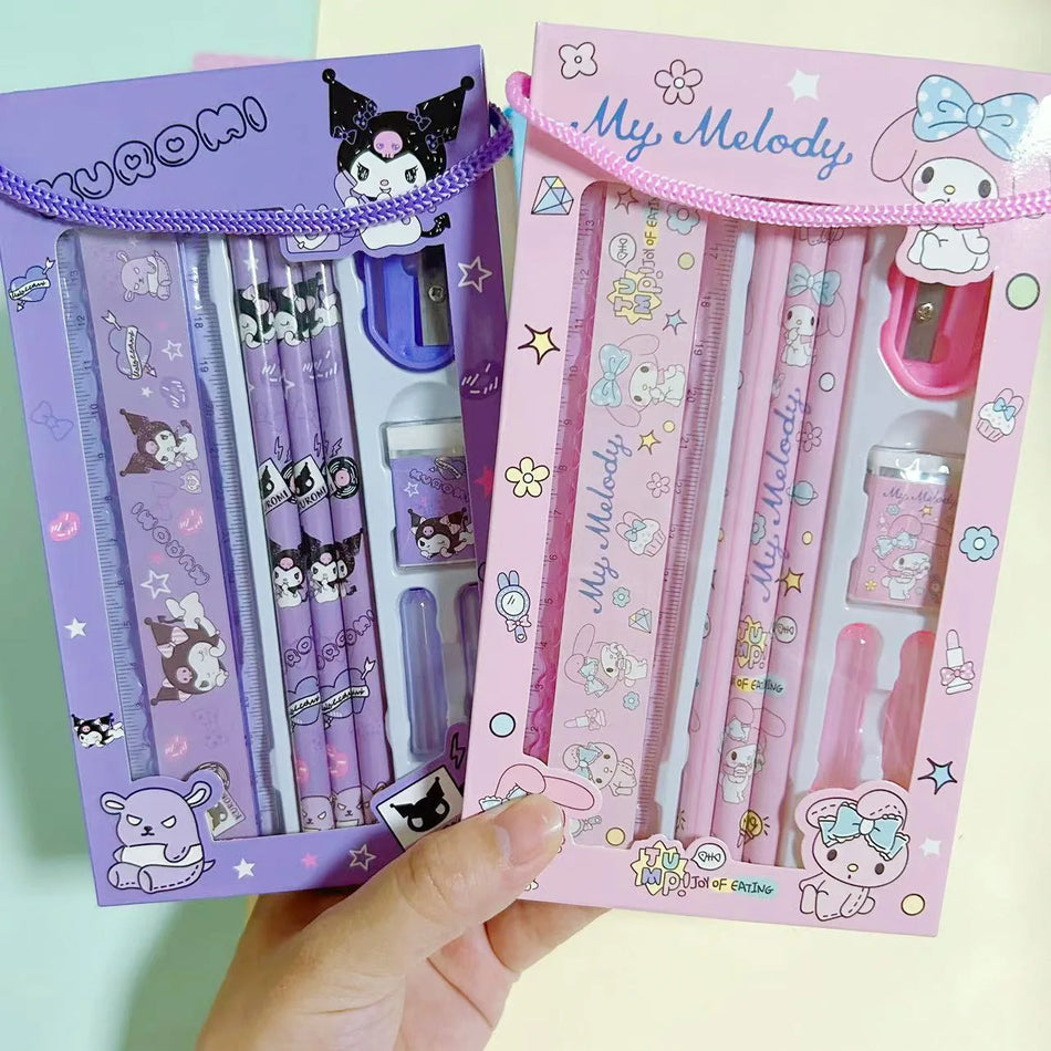 Sanrio Stationery Set Pencil Eraser Ruler Kawaii My Melody Kuromi Cinnamoroll Painting Primary School Supplies Student Kid Gift