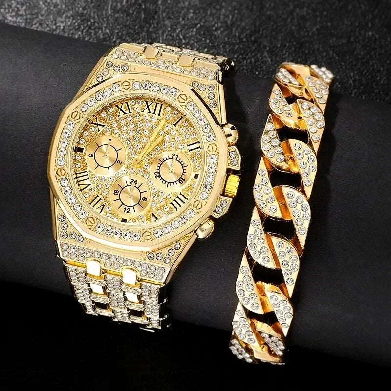 Luxury Hip Hop Quartz Watch for Men with Diamond Big Dial and Stainless Steel Band