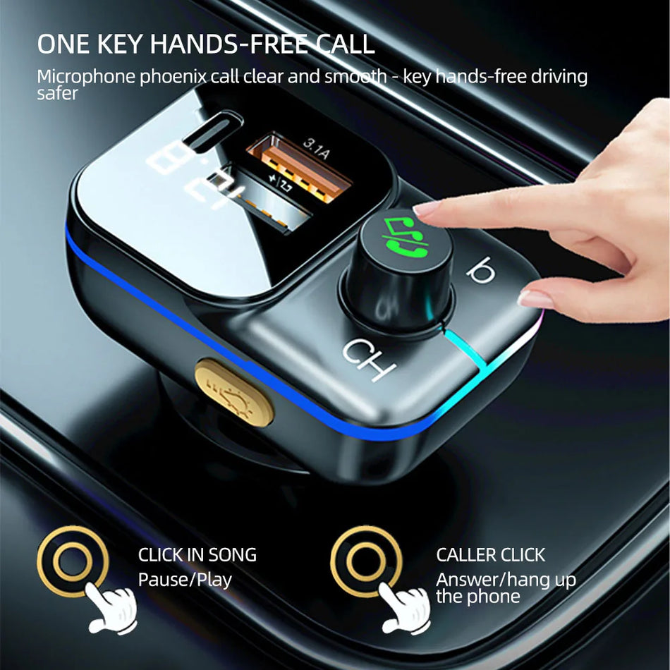 Bluetooth 5.0 Car FM Transmitter with Fast Charge & Colourful Atmosphere Lights