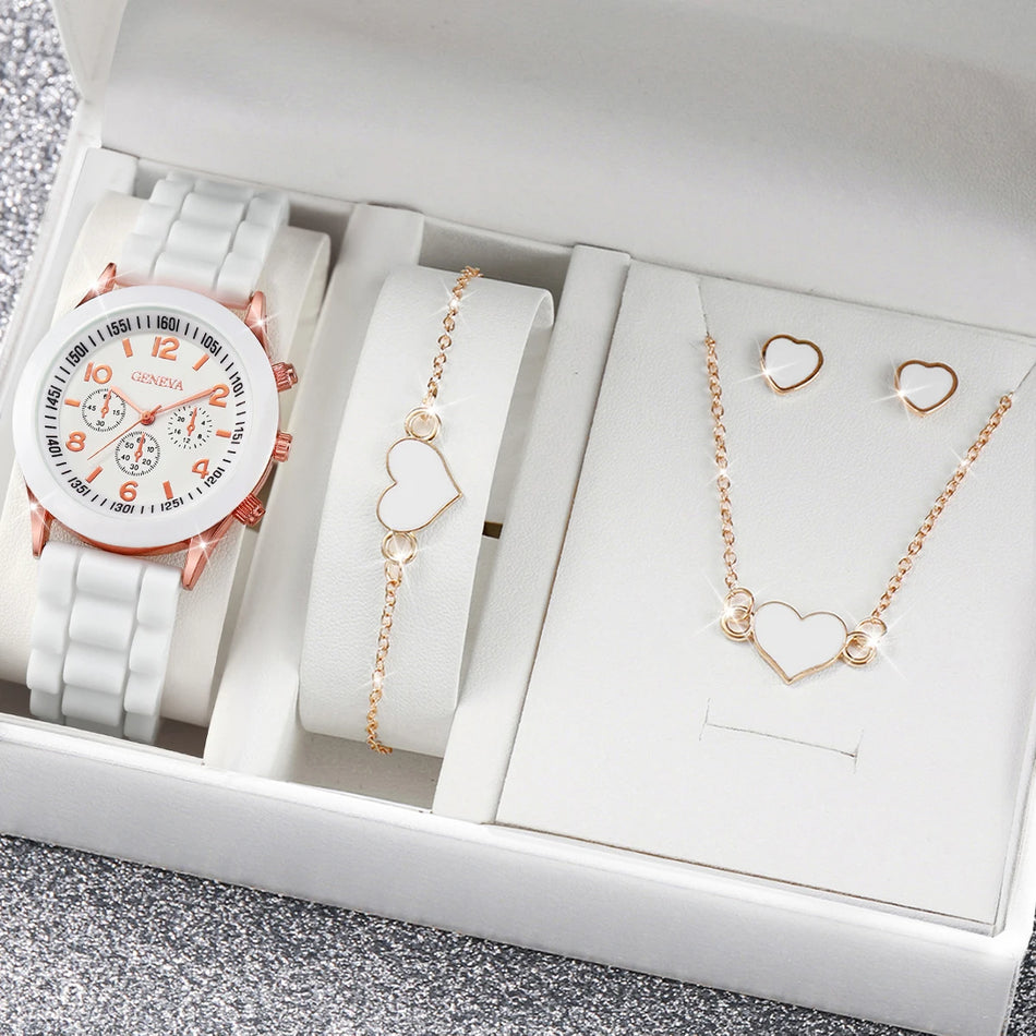 4PCS Geneva Fashion Watch & Heart Jewelry Set für Frauen