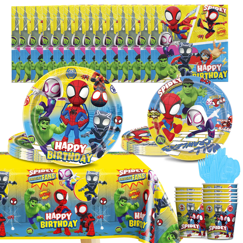 🔵 Spiderman Birthday Party Supplies Spidey And His Amazing Friends Disposable Tableware Cup Plate Tablecloth for Kids Baby Shower